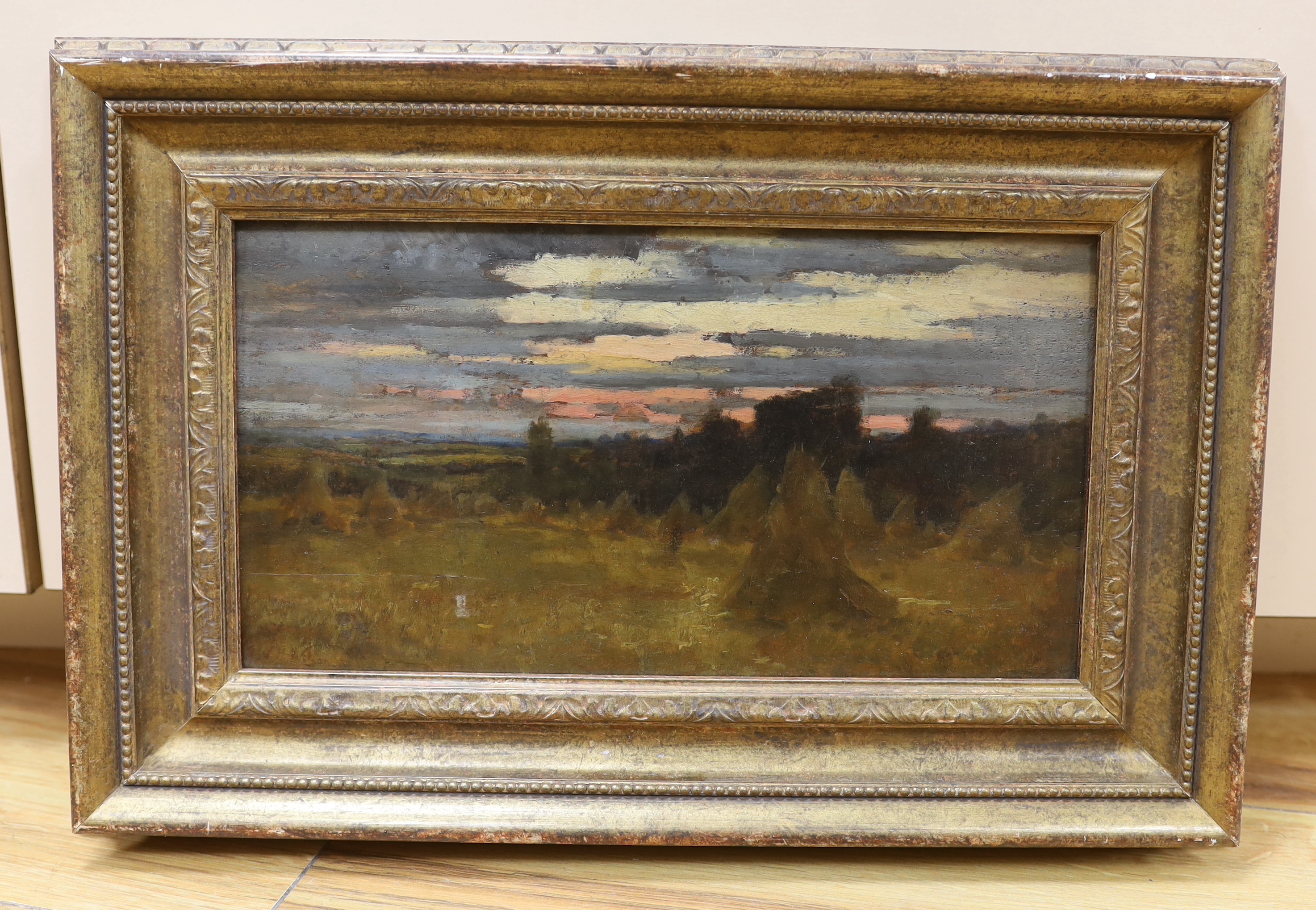 S. Wilson, oil on board, Harvest field at sunset, 15 x 29cm